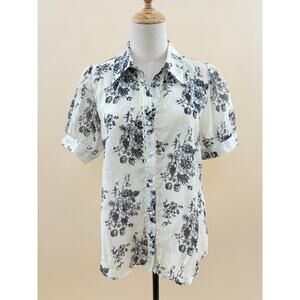 AliceBlue Cream Blouse w/ Floral, Puff Sleeves w/ Lace Detail & Pearl Buttons, M